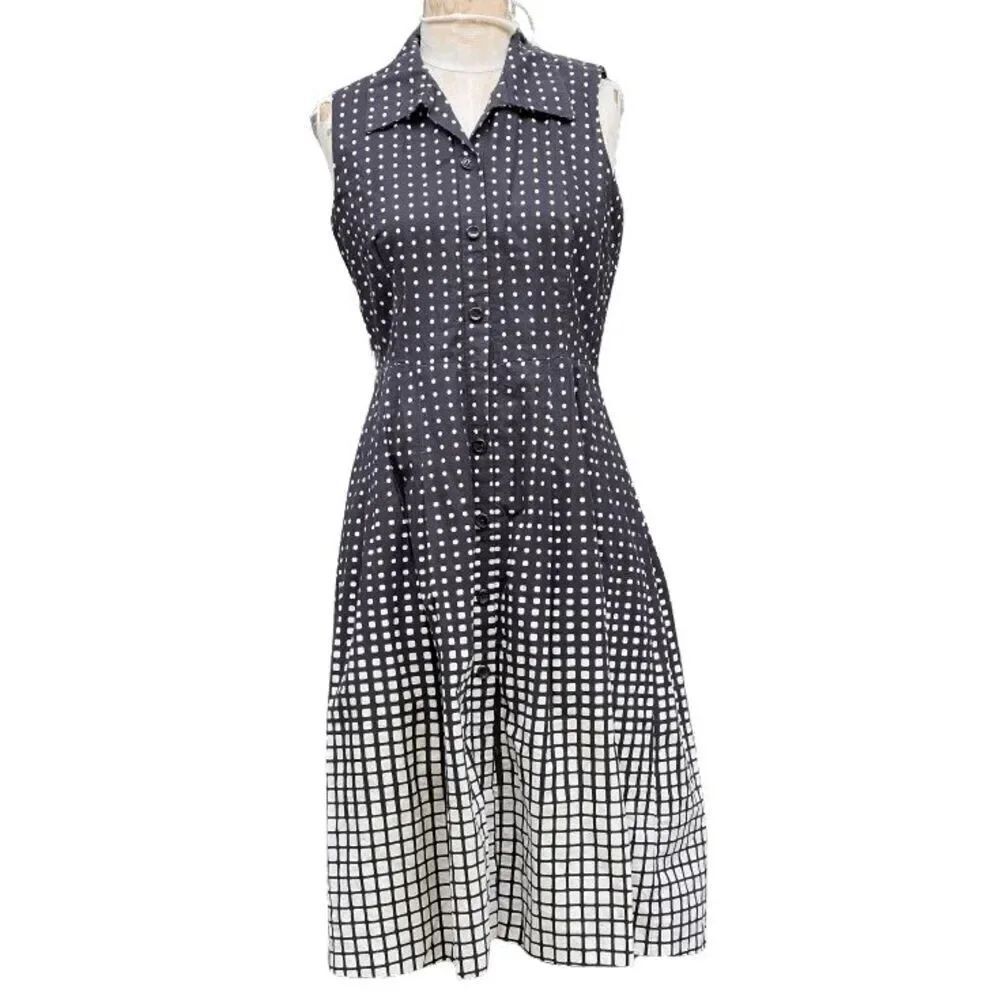 Vintage Perceptions 100% Cotton Geometric Fit and Flare Collared Sleeveless Dres